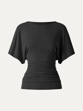NWT OGL Sandwashed Effortless Boatneck Batwing Sleeve Side Ruched Top in BLACK
